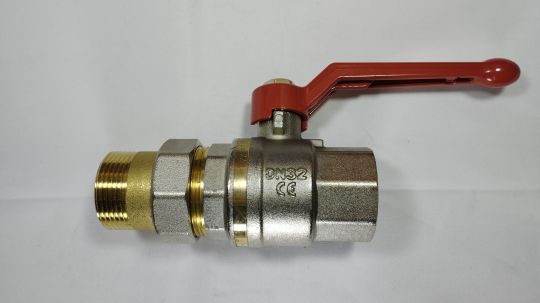 Danfoss 065B8206 - Латунный шаровой кран Danfoss с накидной гайкой и ниппелем ("американка") с рукояткой типа "ручка" Ду 32 мм, PN 40 бар